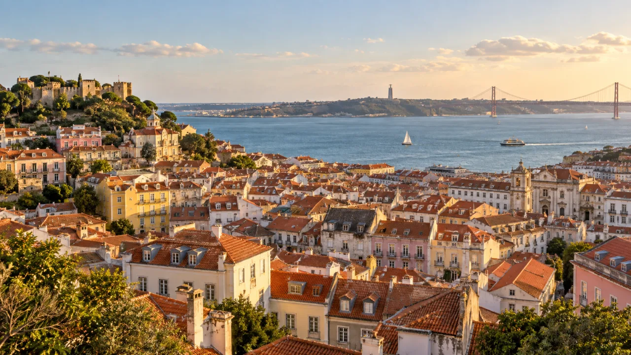 Sunlit Lisbon rooftops overlooking the Tagus River